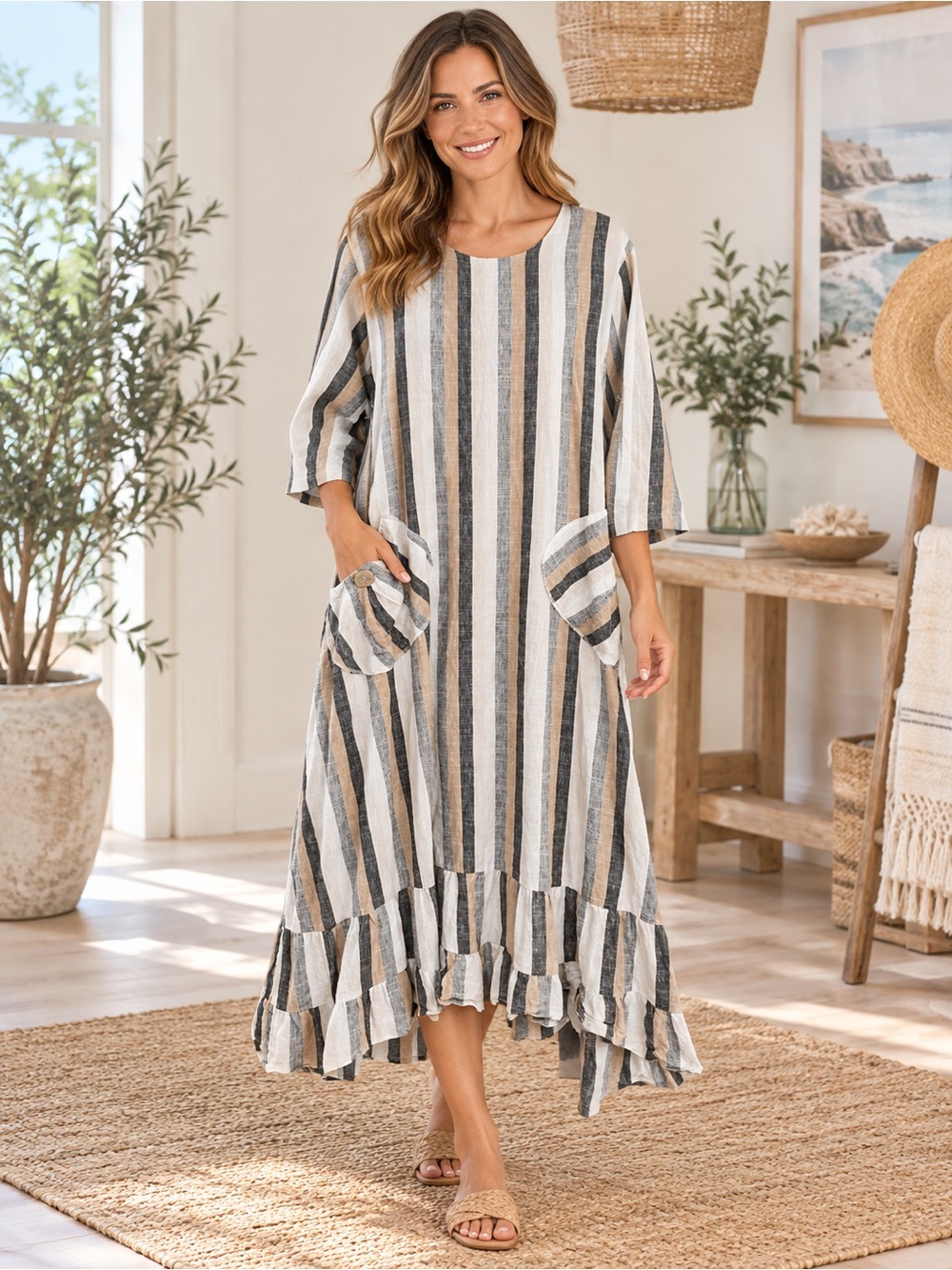 Coastal Boho Striped Linen Blend Maxi Dress Ruffle Hem Oversized Pockets
